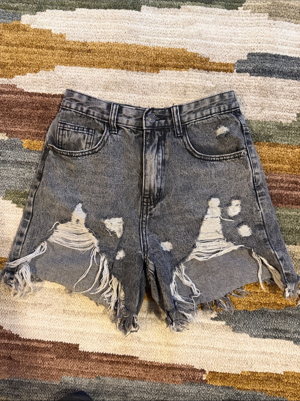 PrettyLittleThing Washed Black Distressed High-Waist Denim Shorts